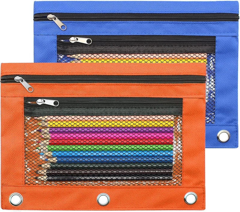 Cinvo Pencil Pouch 3 Ring Binder Pouch Zippered Pencil Case Canvas Pencil Bag with 2 Compartments (Set of 2, Blue and Orange) - Image 1